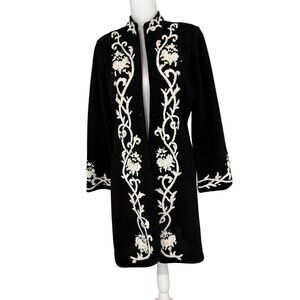 Vtg Colette Mordo For Sadimara Black & White Embroidered Wool Blend Coat Sz S/M